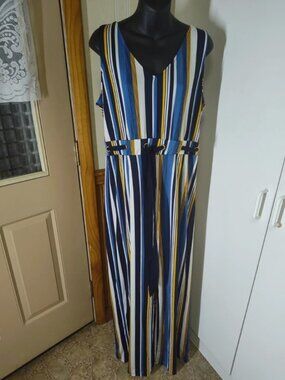 Wrapper Striped Wide Leg Jumpsuit V-neckline Tie Waist Size XL
